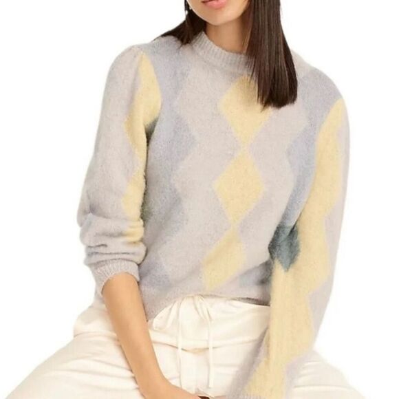 J. Crew blue and yellow argyle alpaca wool crewneck sweater - Picture 1 of 9